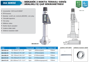 Dijital 3 Nokta Temaslı Geniş Aralıklı İç Çap Mikrometresi 364 Serisi