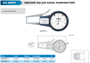 Mekanik Dış Çap Kanal Komparatörü 425 Serisi 0-10mm