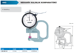 Mekanik Kalınlık Komparatörü 0-1mm Yüzeysel Temas