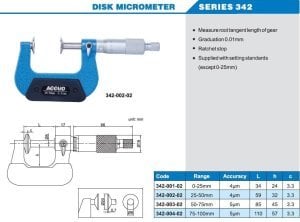 Mekanik Disk Uçlu Mikrometre 342 Serisi 25-50 mm