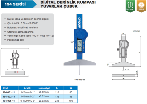 Dijital Derinlik Kumpası 194 Serisi - Yuvarlak Çubuk