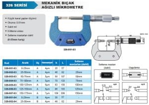 Mekanik Bıçak Ağızlı Mikrometre 326 Serisi Tip  B